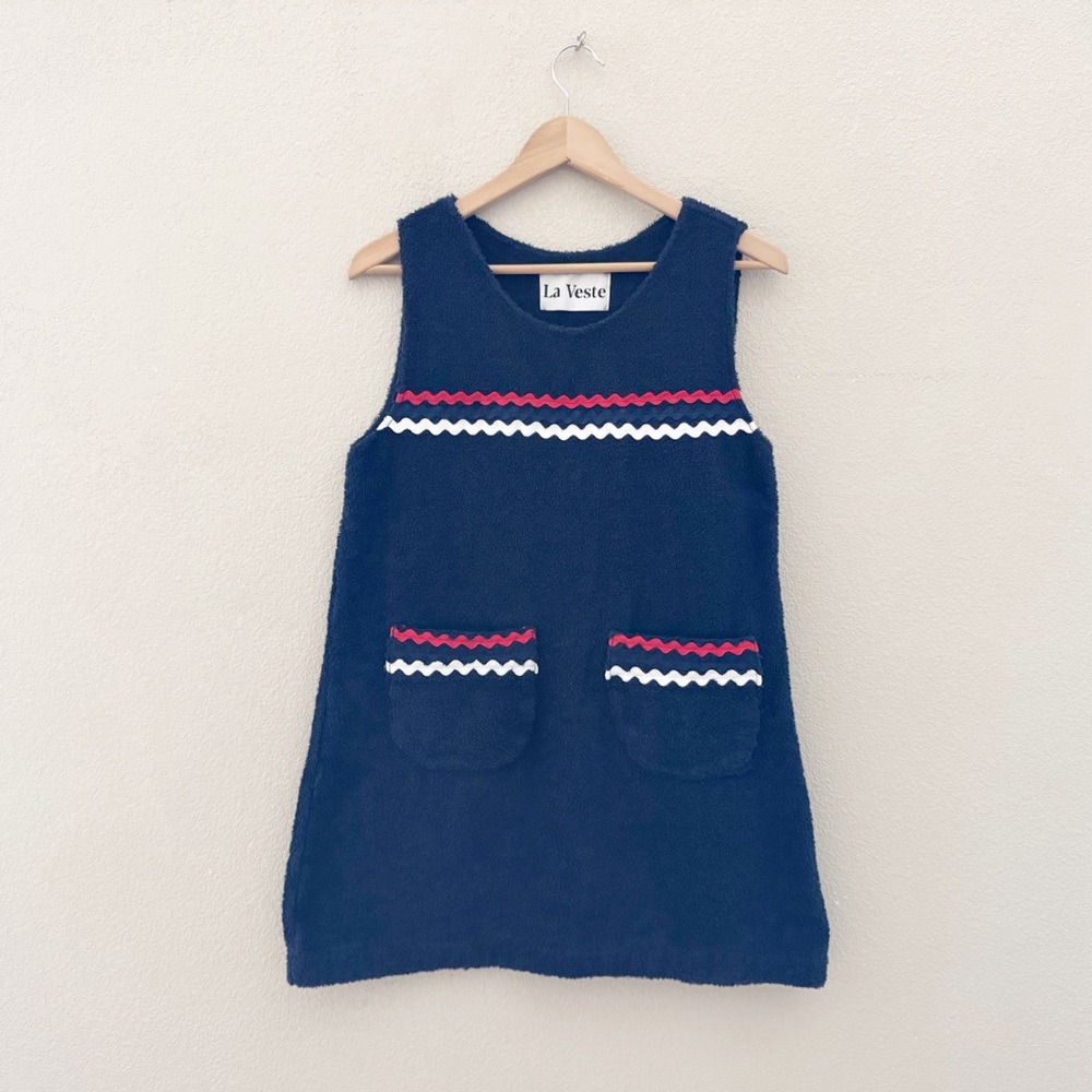 La Veste Mini Towel Dress Med Blue Red White Cotton Terry Americana Resort USA - Picture 5 of 11